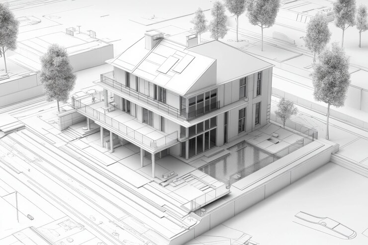 Modelo a escala de un edificio de hotel clásico sobre dibujos arquitectónicos que muestran el diseño y la planificación de la construcción