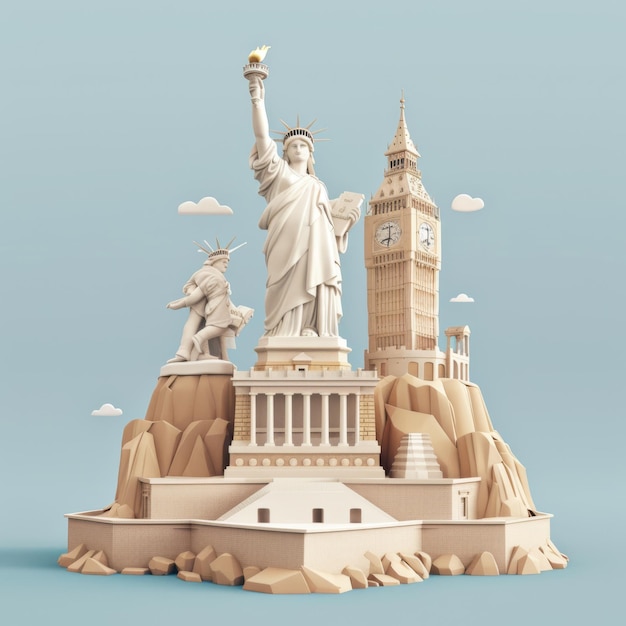 un modelo de una estatua de la libertad con la estatua de La Libertad en el fondo