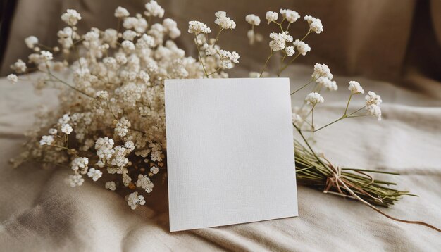 Foto modelo estético de tarjeta de papel en blanco y flores de gipsófila en textura de lino beige neutro