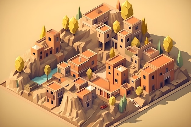 Un modelo de estilo low poly de un pueblo sudamericano