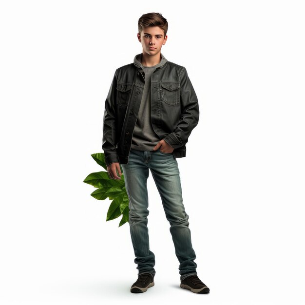 Modelo estiloso de menino adolescente esportivo realista preto jeans atuais camiseta branca e denim verde folha