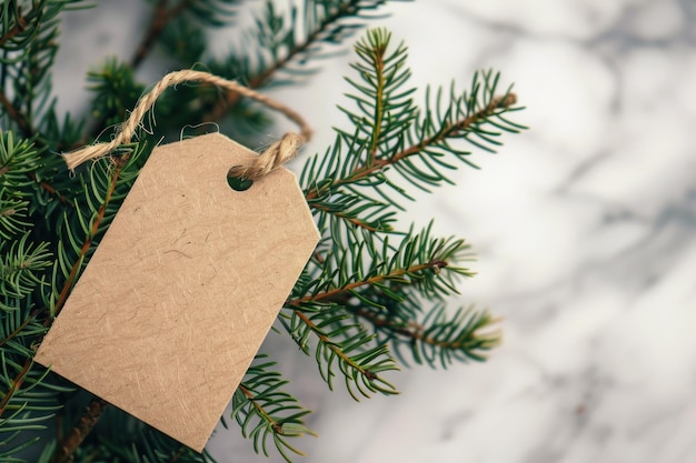 modelo de etiqueta de regalo de Navidad vacía en un fondo de primavera