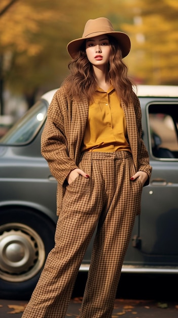 Una modelo europea de moda con sombreros de otoño e invierno