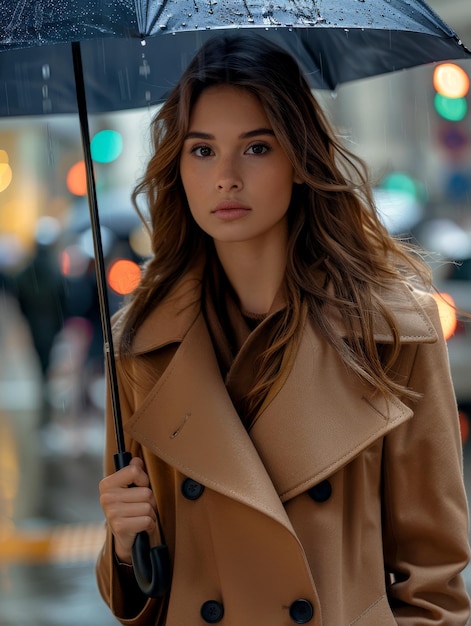 Modelo europeu elegante passeia em um dia chuvoso com guarda-chuva