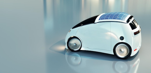 Modelo EV de vehículo eléctrico blanco con renderizado de ilustraciones 3D de energía solar