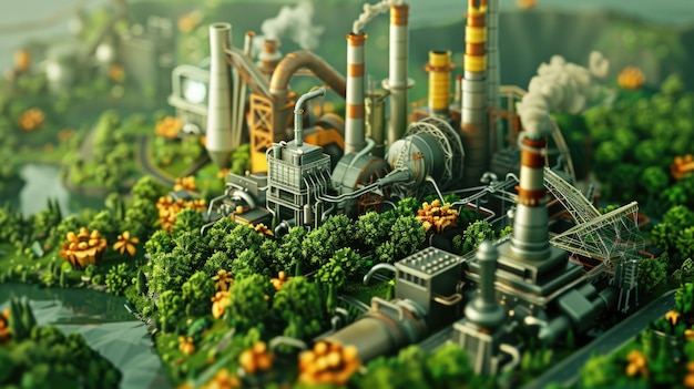 Foto modelo de una fábrica que emite humo ideal para ilustrar la contaminación o los conceptos industriales