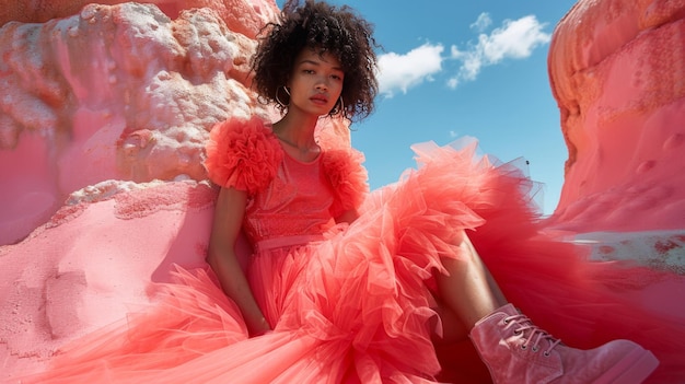 un modelo con una falda de tulle rosa brillante emparejada con una camiseta gráfica y botas de combate