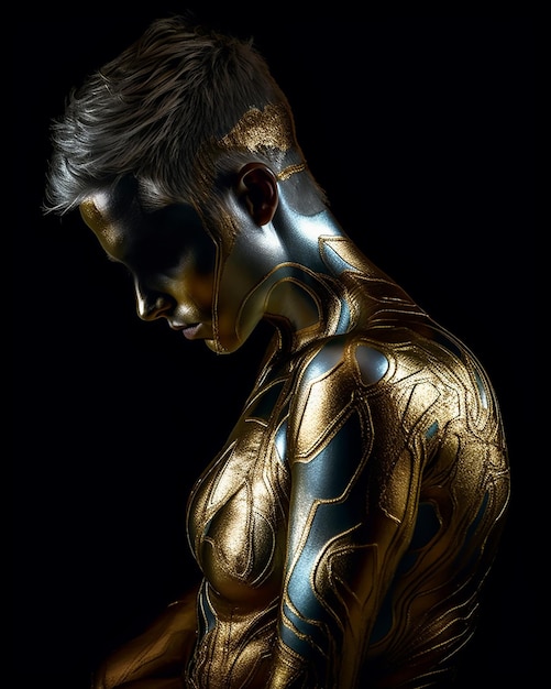 Modelo de fantasía de arte pintado de cuerpo completo de oro fundido