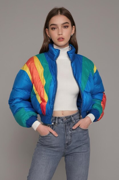 Foto una modelo femenina con una chaqueta de color arco iris