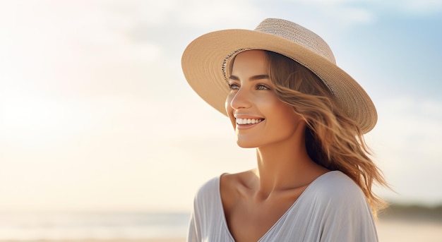 Una modelo femenina sonriendo mientras camina por la playa.