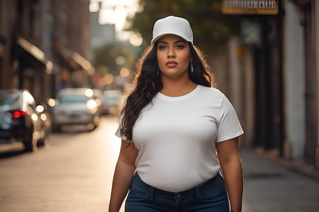 Modelo femenino en una camiseta de algodón blanco clásico en una calle de la ciudad