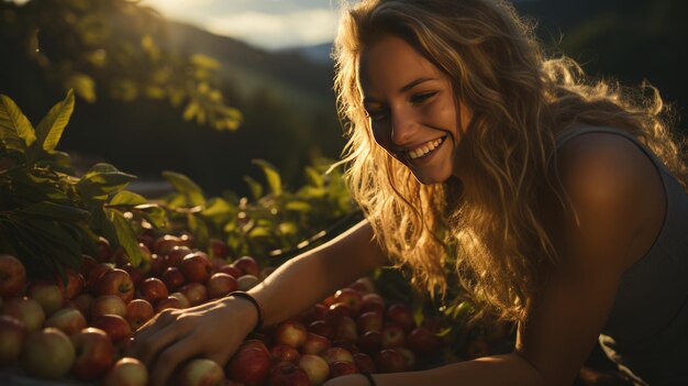 Modelo femenino clasificando las frutas que recogió del jardín