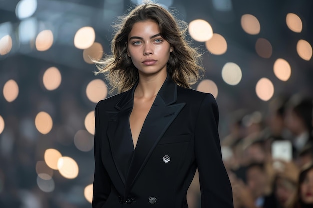 Foto modelo femenino confiado caminando por la pista durante un desfile de moda