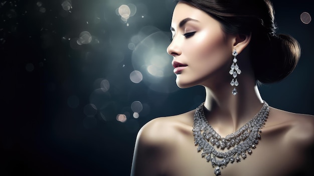 Modelo femenino elegante y bonito mostrando joyas de diseño