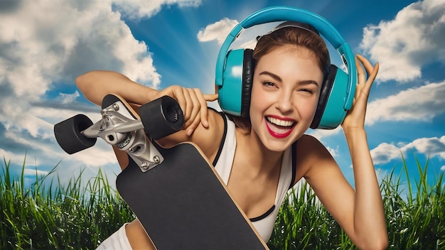 Modelo femenino entusiasta con grandes auriculares azules posando juguetón con longboard