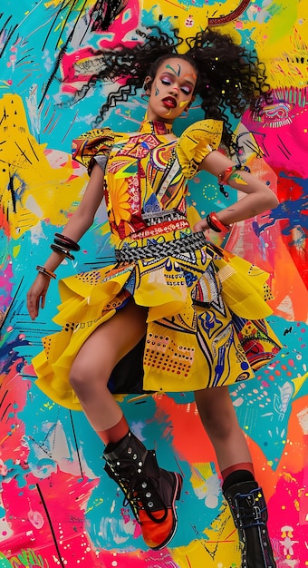 Modelo femenino juguetón en un traje caprichoso y colorido con estilo boutique de alta moda Bol