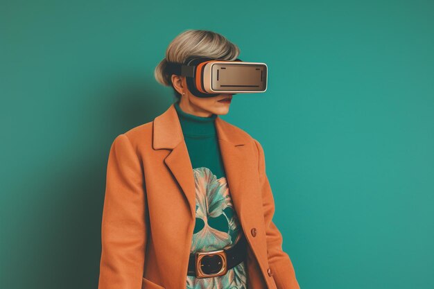 Foto modelo femenino de moda con gafas vr mujer de moda con auriculares de gafas vr persona moderna chic en fondo verde vintage generación de ia