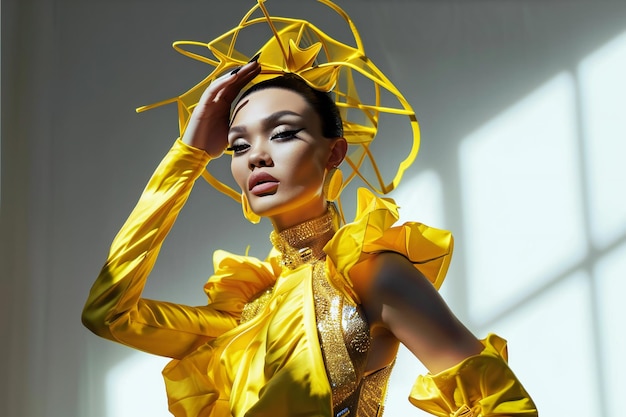 Modelo femenino con ropa amarilla futurista