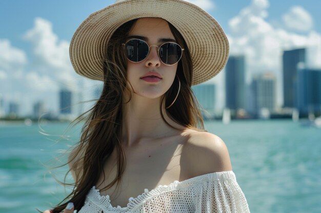 Modelo femenino con sombrero de verano y gafas de sol