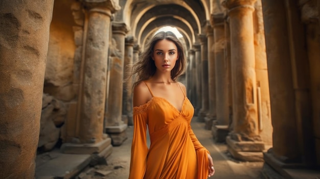 Modelo femenino en vestido naranja HD 8K fondo de pantalla Stock Photographic Image