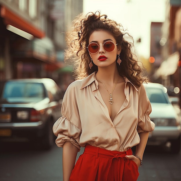 Modelo feminina à moda em roupas estilosas de estilo retrô na rua da cidade  moda vintage dos anos 80