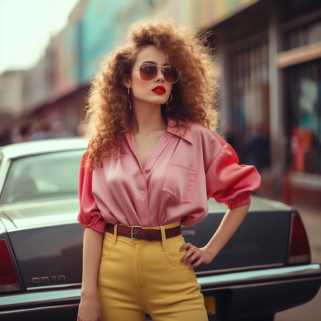 Modelo feminina à moda em roupas estilosas de estilo retrô na rua da cidade  moda vintage dos anos 80
