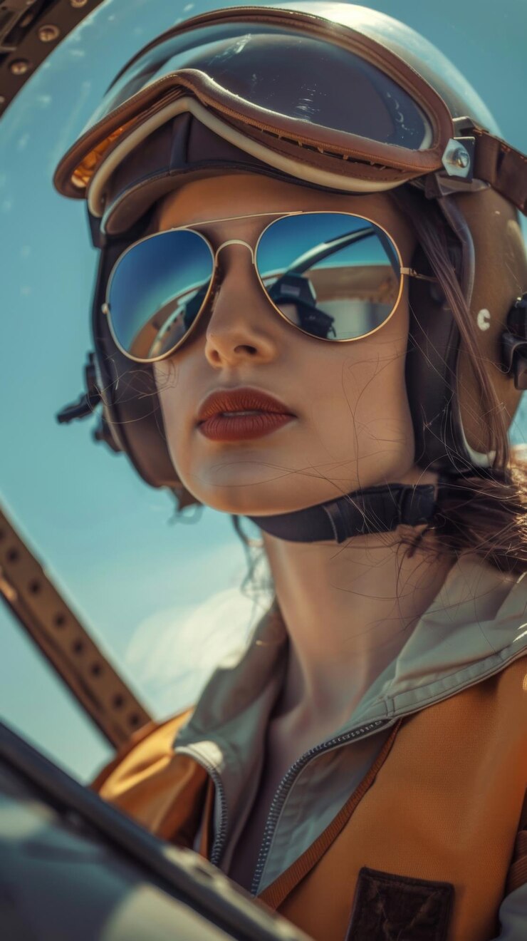 Foto modelo feminina posando em trajes de piloto para uma sessão de fotos