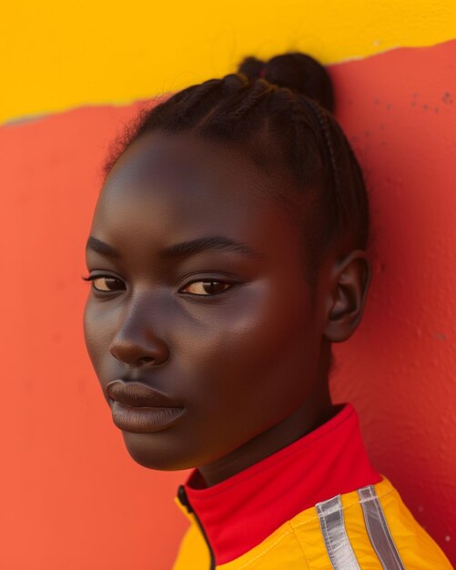 Modelo feminino africano impressionante contra um fundo laranja e amarelo vívido