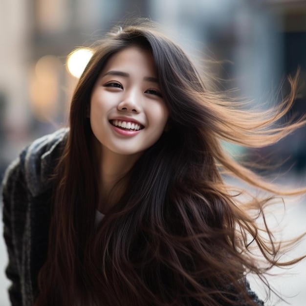 Modelo feminino coreano vestido preto fotografia de retrato de rosto