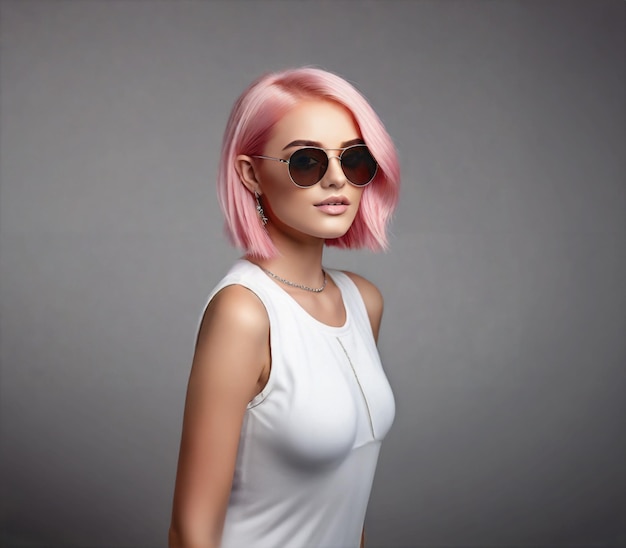 Modelo feminino de moda com cabelo rosa