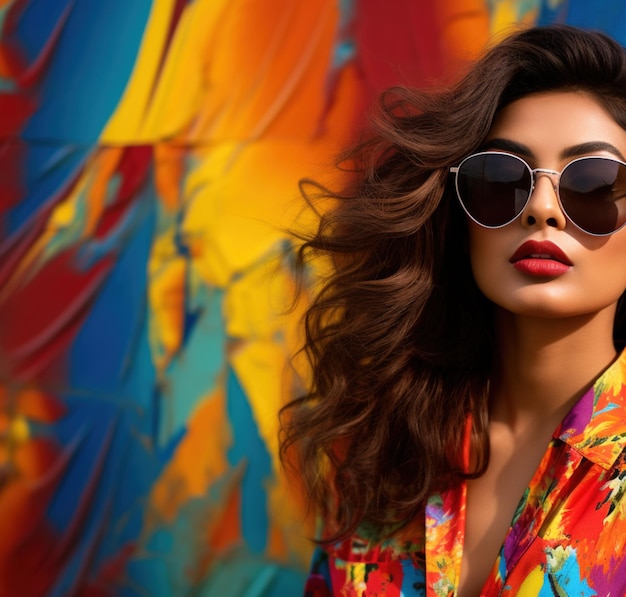 Modelo feminino do sul da Ásia usando óculos de sol.