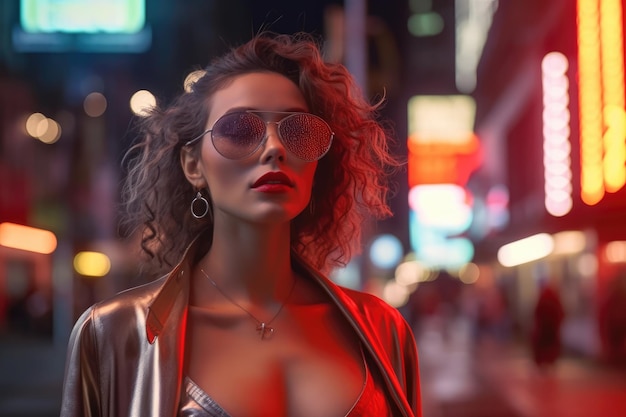 Modelo feminino futurista e estiloso dos anos 80 posa sob as luzes noturnas da cidade IA generativa