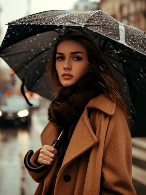 Modelo feminino gracioso caminha sob o céu chuvoso com guarda-chuva