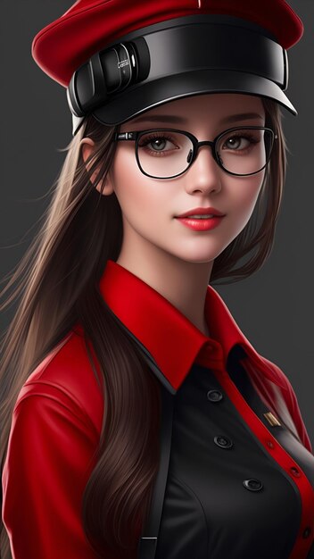 Modelo feminino inteligente usando óculos de proteção de chapéu preto e saia vermelha