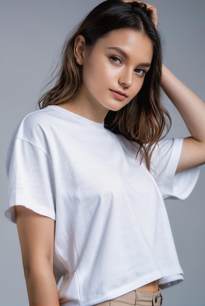 modelo feminino vestindo camisa branca maquete de camisa branca para o seu design