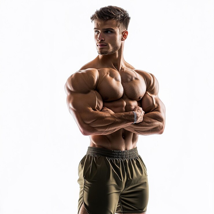 Modelo de fitness masculino posando una imagen de alta calidad sobre un fondo blanco