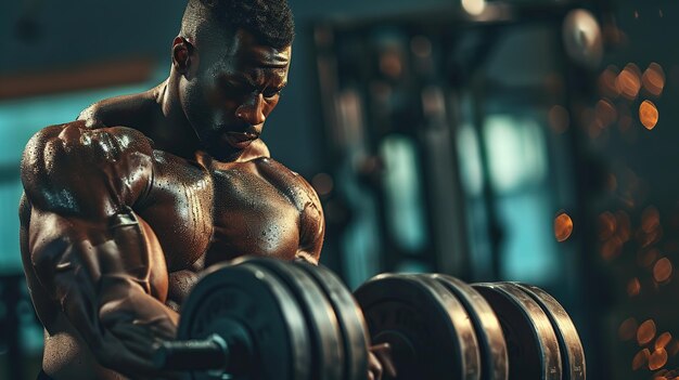 Modelo de fitness realizando ejercicios de levantamiento de pesas en el gimnasio espacio de copia para el texto