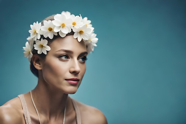 una modelo con una flor en el cabello