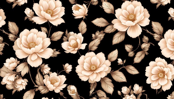 Modelo floral antiguo con peonías sobre un fondo negro