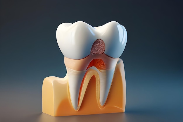 Modelo de formación del dentista que examina las raíces de los dientes, las encías, las enfermedades de las encias, la caries y la placa azul