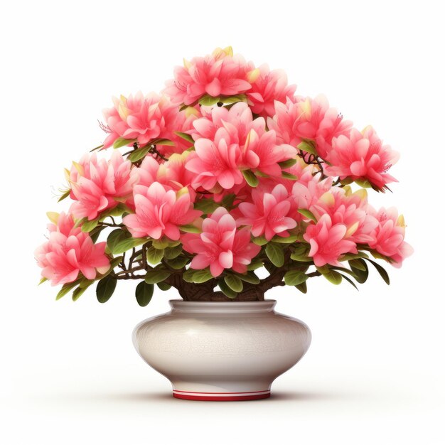 Modelo fotorrealista de vaso de flores de azalea rosa em fundo branco