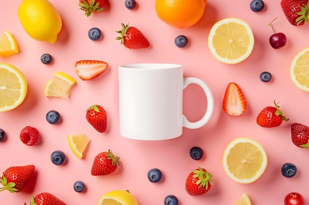 Modelo de fruta fresca vibrante con taza blanca en fondo rosa claro en fotografía plana
