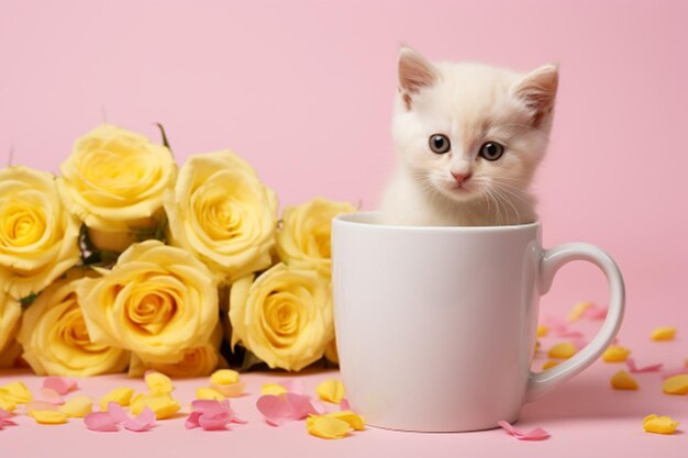 Foto modelo de gatito lindo con taza y rosa en fondo rosa taza de café o taza para el diseño de plantillas ai