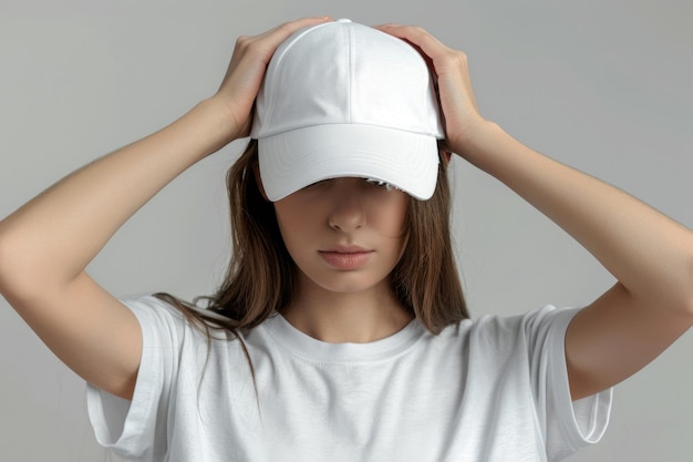 Foto modelo de gorra de béisbol blanca en la cabeza de una mujer