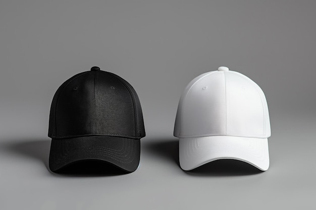 Modelo de gorras de béisbol de moda en blanco y negro sobre un fondo gris