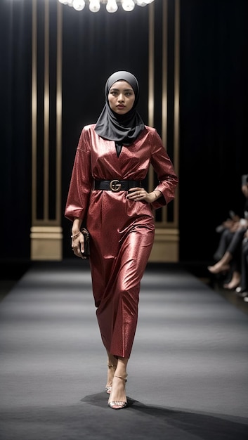 Modelo hijab con vestido rojo en la pasarela de moda