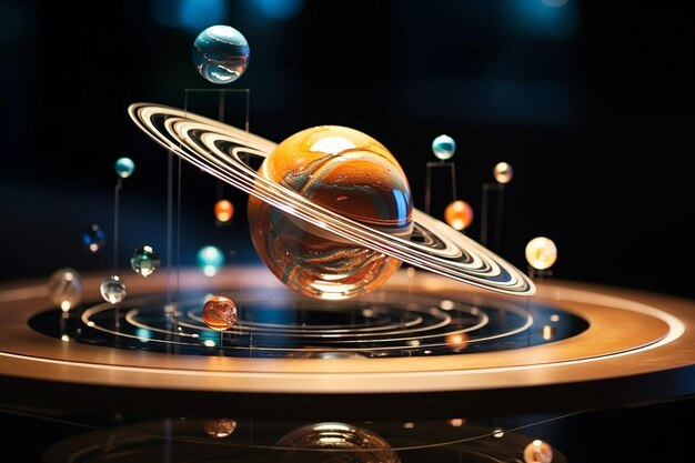 Modelo holográfico del sistema solar con planetas en órbita y astronomía del cinturón de asteroides