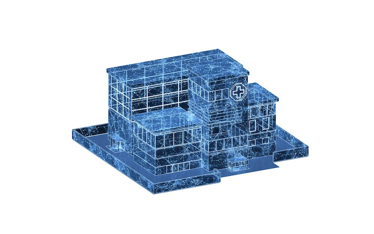 Foto modelo de hospital con líneas de estructura azul renderización 3d