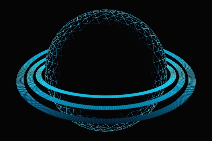 Foto modelo de ilustración 3d de un sistema solar con planetas en órbita alrededor del sol sobre fondo negro formas geométricas simples