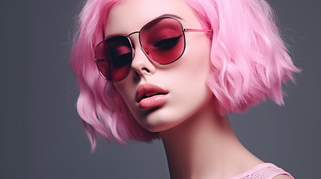 Modelo impresionante con cabello rosado con gafas vintage